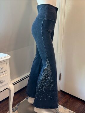 T Party Rhinestone Flare yoga Leggings Blue Acid Wash Size Large Y2K